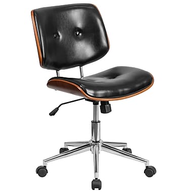 Mid-Back Black Leather Ergonomic Wood Swivel Task Chair